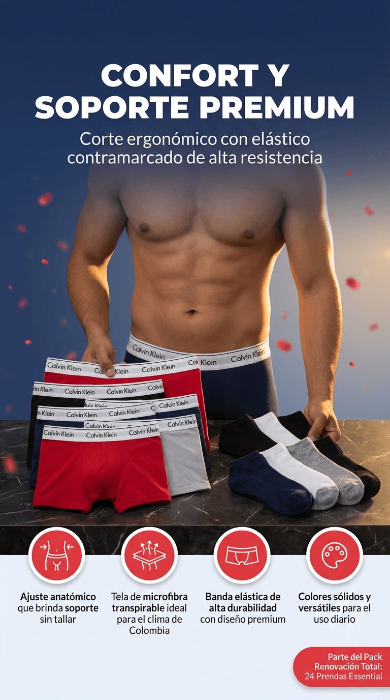 Combo Premium 24 Piezas: 12 Bóxers Estilo CK + 12 Pares de Medias – Comodidad, Estilo y Ahorro en un Solo Pack”
