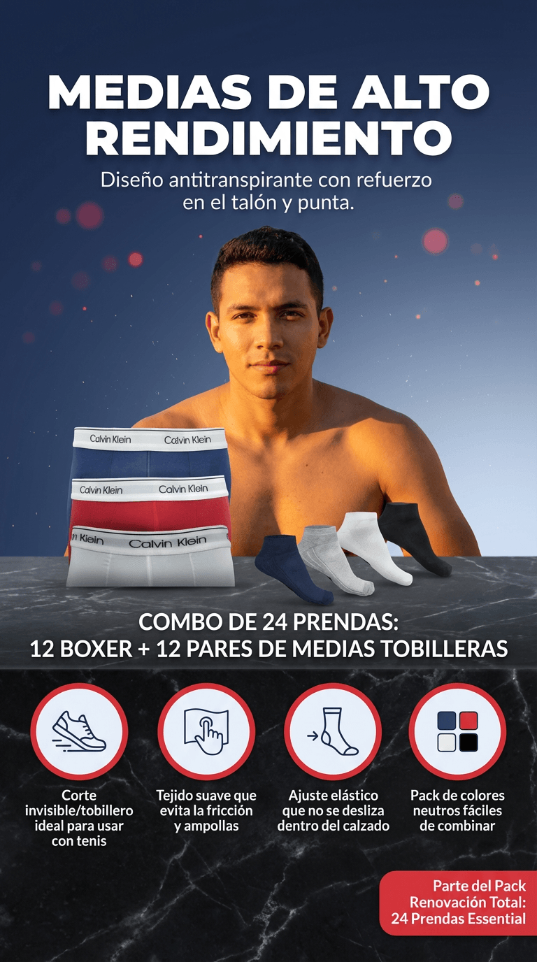 Combo Premium 24 Piezas: 12 Bóxers Estilo CK + 12 Pares de Medias – Comodidad, Estilo y Ahorro en un Solo Pack”