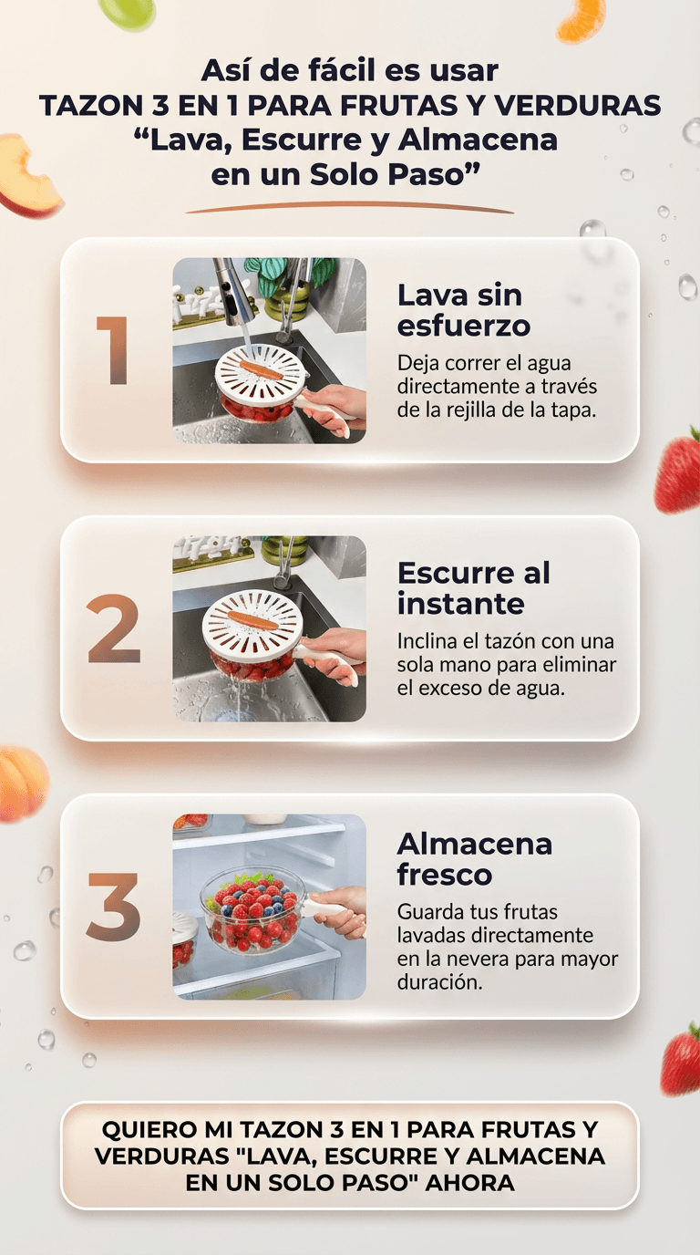 TAZON 3 EN 1 PARA FRUTAS Y VERDURAS "Lava, Escurre y Almacena en un Solo Paso"
