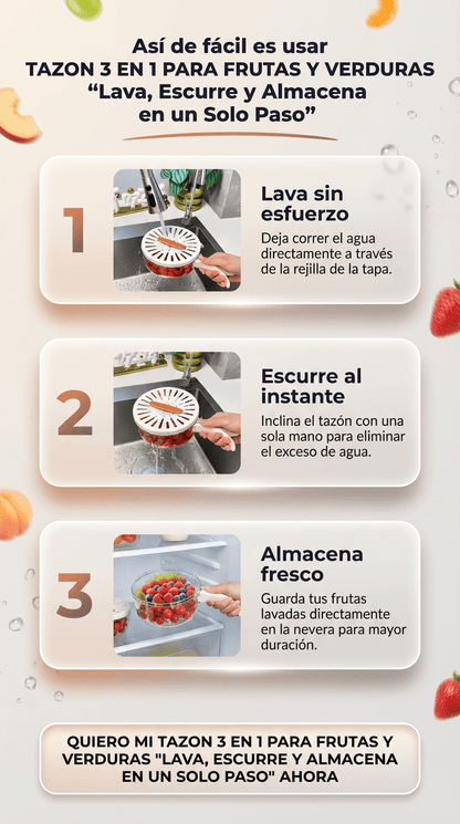TAZON 3 EN 1 PARA FRUTAS Y VERDURAS "Lava, Escurre y Almacena en un Solo Paso"