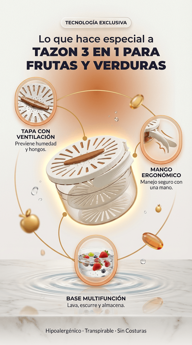 TAZON 3 EN 1 PARA FRUTAS Y VERDURAS "Lava, Escurre y Almacena en un Solo Paso"