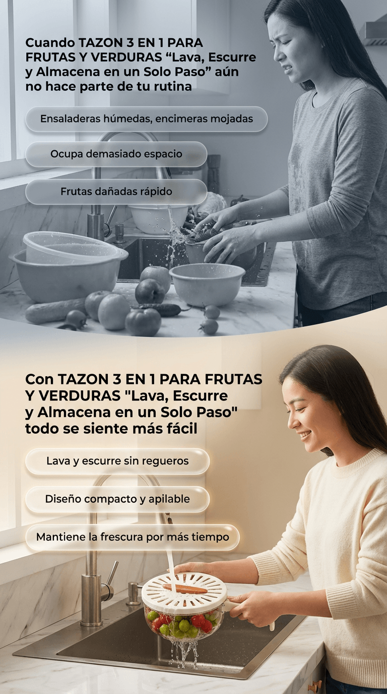 TAZON 3 EN 1 PARA FRUTAS Y VERDURAS "Lava, Escurre y Almacena en un Solo Paso"